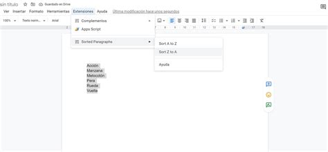 ordenar alfabeticamente google docs